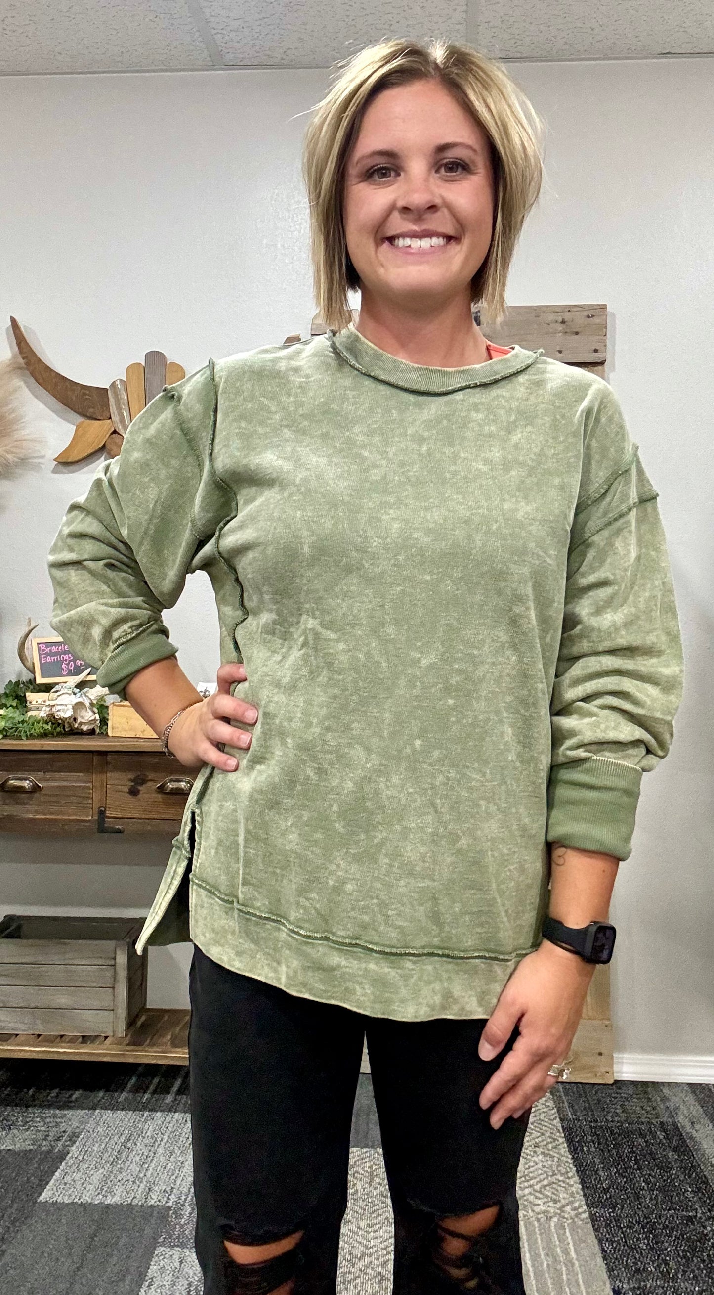 EXPOSED SEAM LT. OLIVE SWEATSHIRT